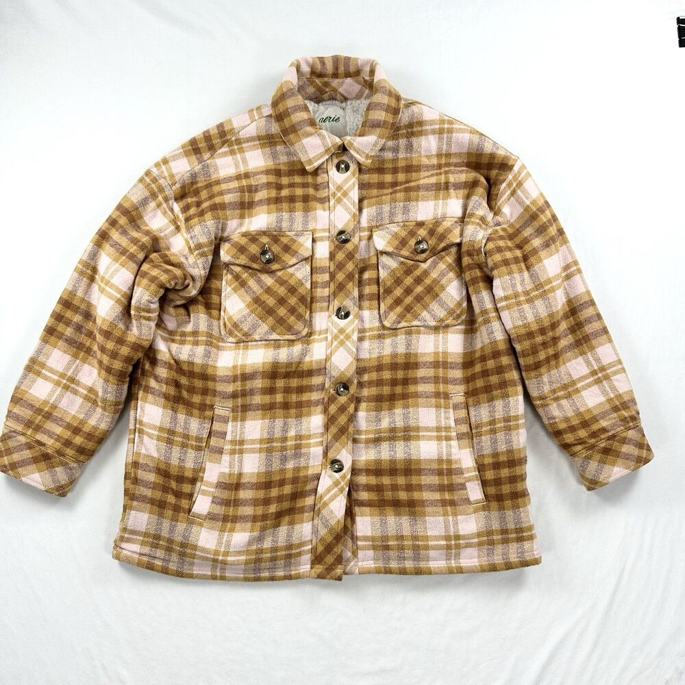Aerie Shacket Sherpa Lined Flannel Shirt Jacket Oversized Medium Brown Tan Plaid